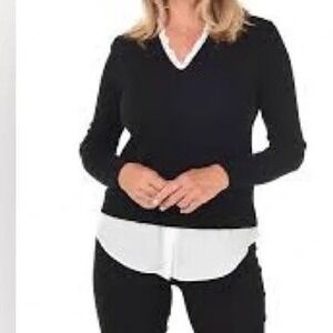 Sioni Milano Women's Layered Look Sweater Black white Size L V-Neck Business